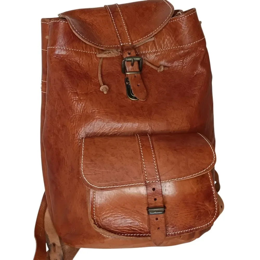 VTG Large Leather Backpack Brown Caramel Made in Greece Boho Rucksack 10x13x3
